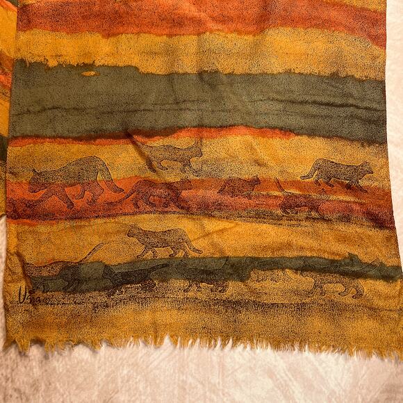Vera Neumann Prima Vera Collection Vintage 70s Silk Cat Print Scarf Orange Boho - Picture 4 of 9